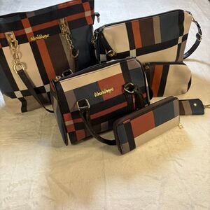 5 Pc Plaid Handbag Set Burberry Style Nova Check Tote Satchel Crossbody Wallet K